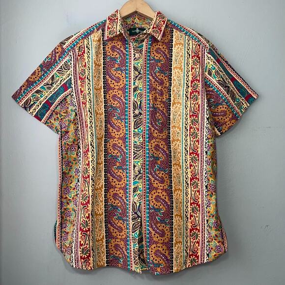 Vintage Hunt Club Size Large Tribal Artsy Linen Button Up Shirt Funky Bohemian - Picture 1 of 9